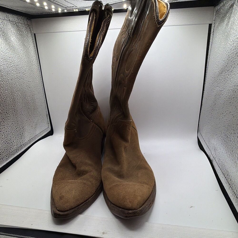 Vintage Acme Brown Suede Western Cowboy‎ Boots Flame Stitch Womens Size 6-6.5